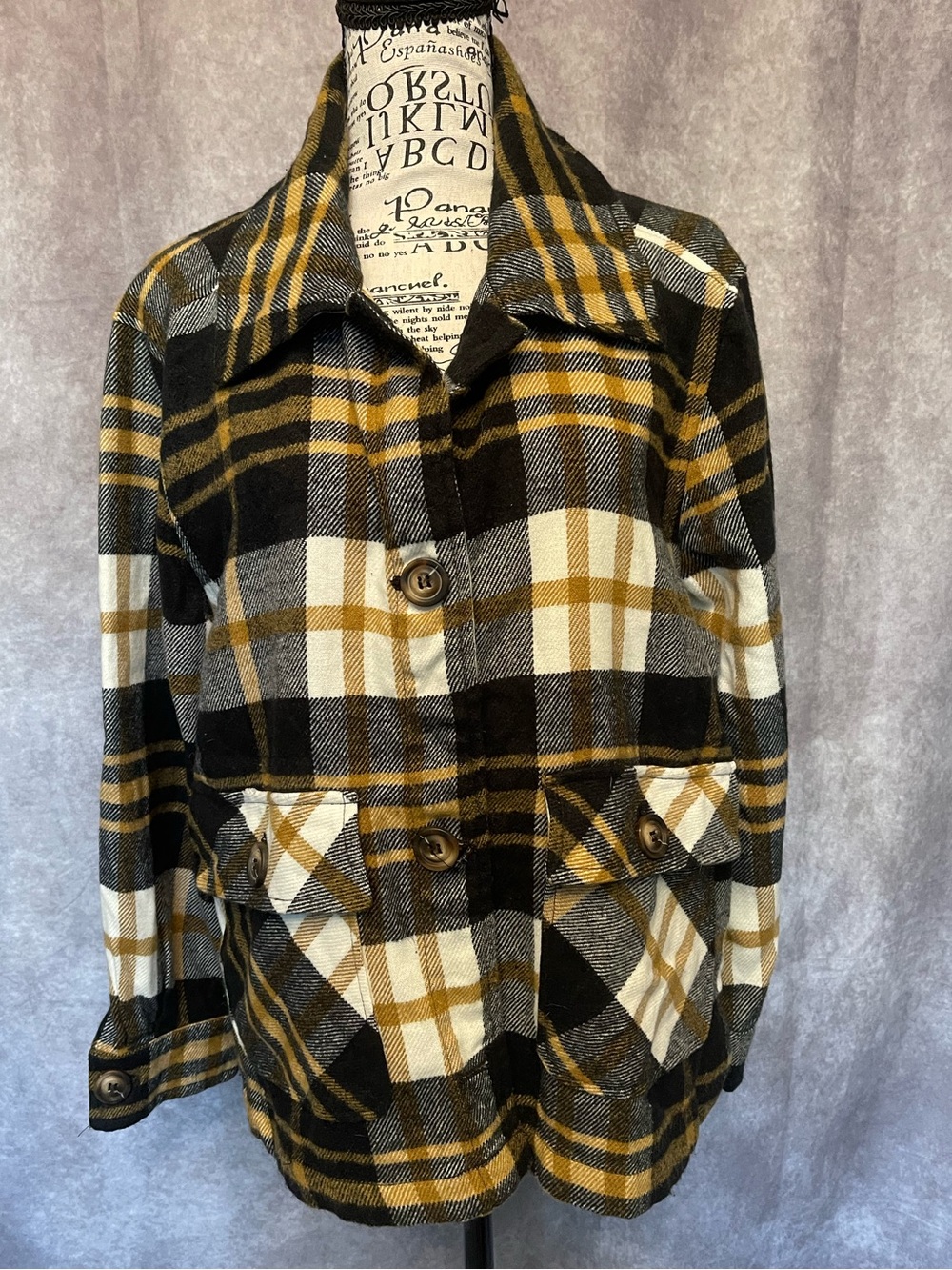 Ruby Rd Plaid Button-Front Women’s Jacket - Black, White & Mustard
